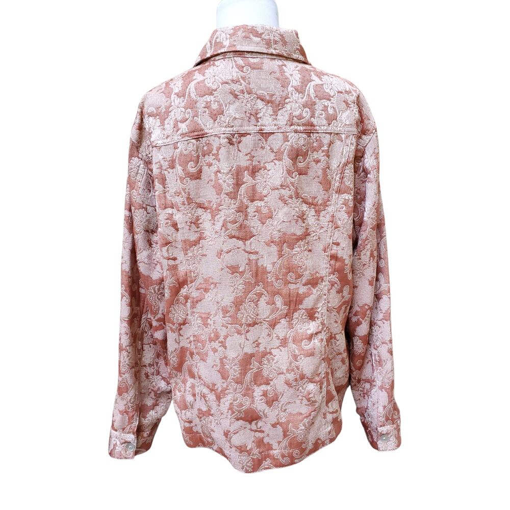 Chico's Sz 2 Red Tan Floral Damask Tapestry Jacket Pockets Collar Chicos Sz L 12 - Picture 10 of 14